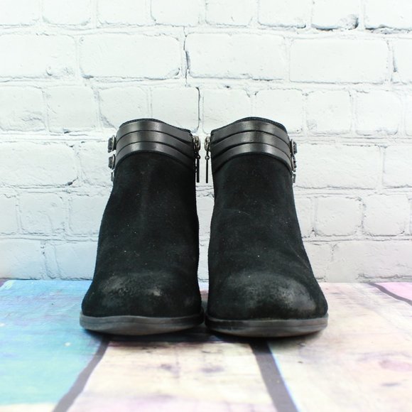Clarks Black Shine Suede Strappy Side Zipper Ankle Heeled Booties 9.5 M - Picture 4 of 9